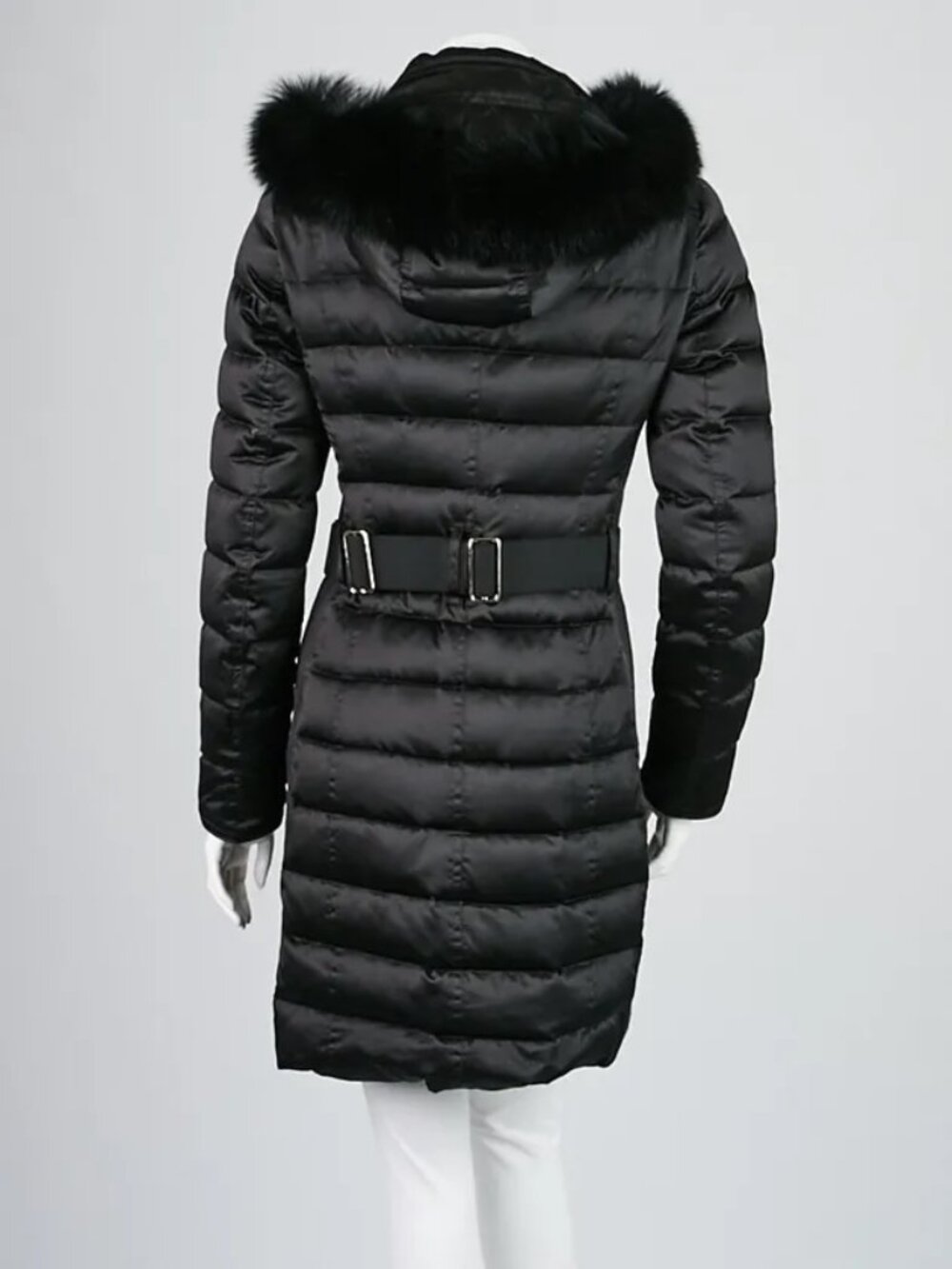 Burberry London Black Quilted Down Fox Fur Hooded Puffer Belted - Size 4. - Picture 3 of 14